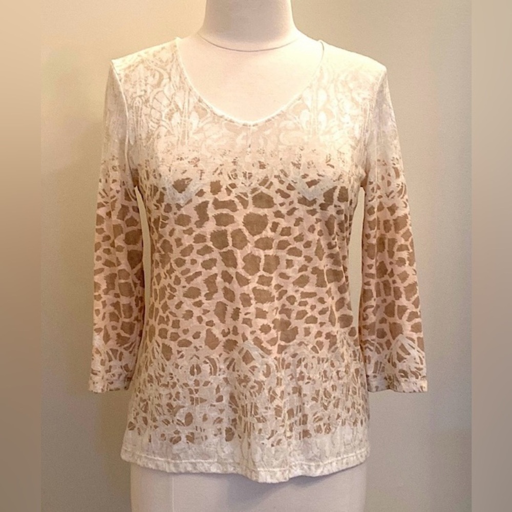 Chico’s Cream Tan Ombré Animal Print S Safari Chic Neutral Boho Effortless Top